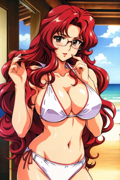 (final romance,rukawa saya,large breasts,ruby hair,long hair,wavy hair,long hair,glasses,比基尼,beach,mature female),office,smirk,b...