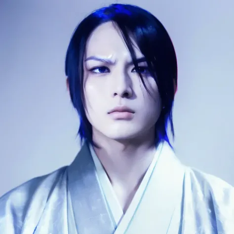 Japanese Beautiful androgynous man,black hair,Put out the forehead,White and pale Blue kimono、pale skin, slanted eyes，bigger eyes,sanpaku, half-closed eyes,slanted eyebrows,hooked nose,little angry,thin eyebrows,Atsushi Sakurai