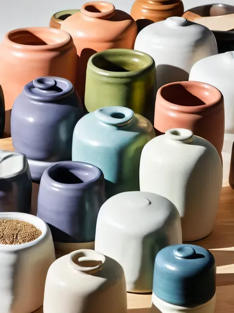(Still),Colored glaze ceramics, containers,Vision,Lots of white space,(masterpiece), (best quality), Simple background, Rule of Thirds, (Still) Colored glaze ceramics, Backlight, real life, lifelike, actual, no humans, wood