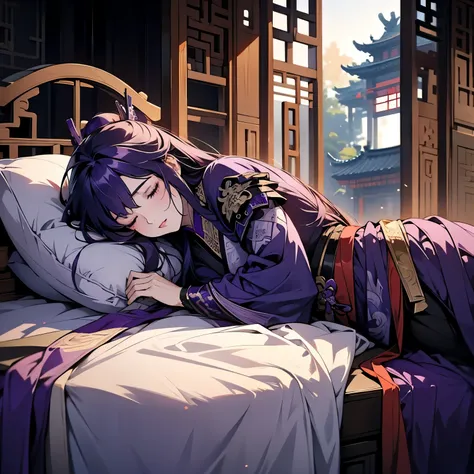 1 women, Raiden Shogun - genshin impact, long purple hair, violet eyes, violet chinese clothes, ultra long skirt, lying on the bed and sleeping in chinese room, closed eyes