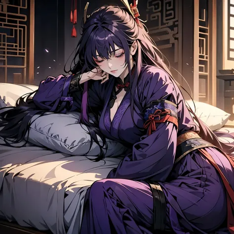 1 women, Raiden Shogun - genshin impact, long purple hair, violet eyes, violet chinese clothes, ultra long skirt, lying on the bed and sleeping in chinese room, closed eyes