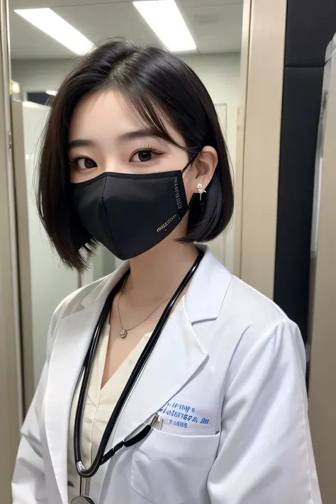 Beautiful young woman、 Korean women、Black Hair、Necklace around the neck、White、Stethoscope、Mask on mouth、short hair、Wavy Hair、Intricate details, Very detailed:1.2), 、 Looking into the camera,The background is the inspection room..、ear piercing
