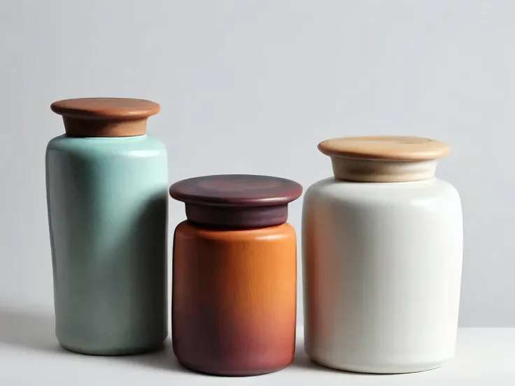 (Still),Colored glaze ceramics, containers,Vision,Lots of white space,(masterpiece), (best quality), Simple background, Rule of Thirds, (Still) Colored glaze ceramics, Backlight, real life, lifelike, actual, no humans, wood