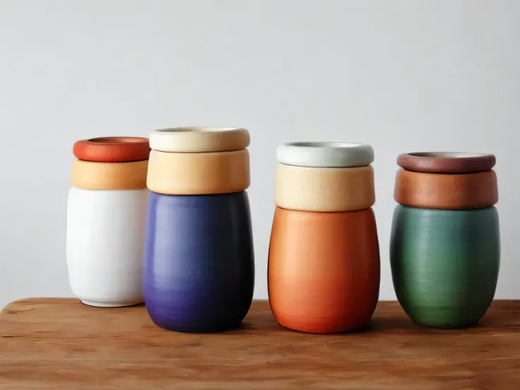 (Still),Colored glaze ceramics, containers,Vision,Lots of white space,(masterpiece), (best quality), Simple background, Rule of Thirds, (Still) Colored glaze ceramics, Backlight, real life, lifelike, actual, no humans, wood