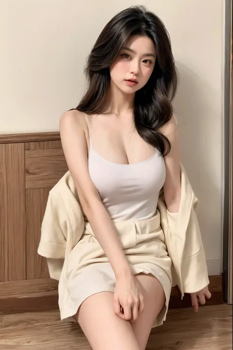 arafed woman in a white dress sitting on a floor, a picture by leng mei, tumblr, shin hanga, japanese model, gorgeous chinese mo...