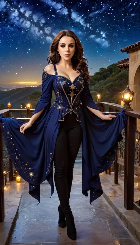 a beautiful and refined woman (Alyssa Milano as Phoebe Halliwell, from the Charmed series) standing under the starry night sky on the balcony of her monastery, action photo, dynamic angle (ultra detaild, Masterpiece artwork, best qualityer), rosto ultra de...