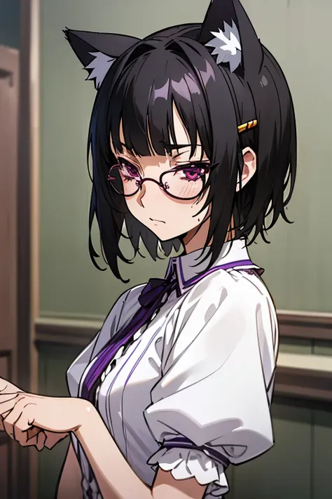 a girl, souna sitri, short hair, black hair, hair ornament, glasses, hairclip, bangs, blunt bangs, (purple eyes:1.1), cute, fril...