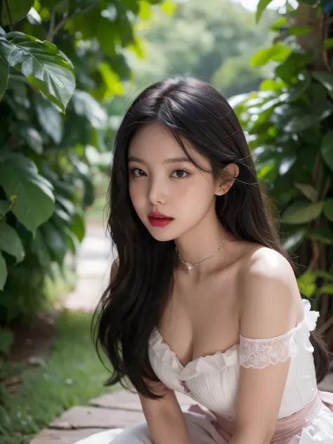 Jenny Kim with dark black hair, Dark black hair with color at the ends, Star clip in her dark black hair, brightly colored eyes, pretty eyes, pretty, upturned nose, pretty lips, pink lips, Heart and cupid shaped lips, pretty skin, White skin, There are mol...
