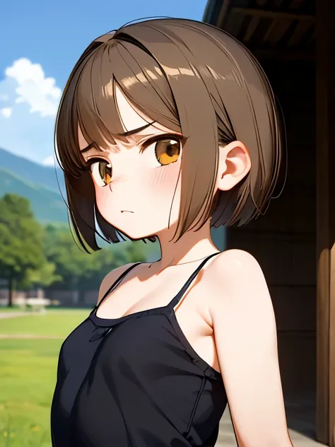 Masterpiece,ultra detailed,best quality,anime, Girl, light brown hair, very short hair, boyish,((puffy face, sullen look) ), dissatisfied ,camisole, small breasts, short,, outdoors,