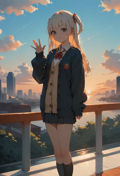 One Girl, (Sunset sky), Standing and waving, School Area, Cityscape, scenery, School Cardigan, (Sleeves are longer than the wrist), Powerful loafers, Black ash two side up hair, Blunt bangs, Beautiful dark eyes, Black knee socks, Cinema Lighting, Upper Bod...