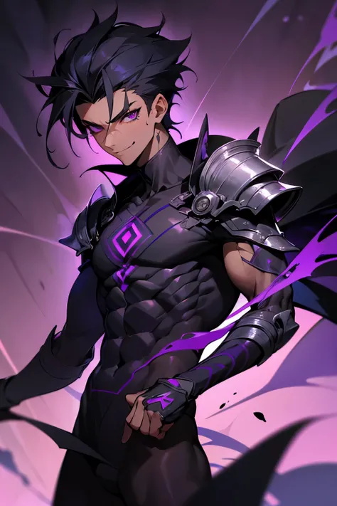 ((best quality)), ((masterpiece)), (detailed), male, sharp, angular features, dark complexion, teenager, toned body, purple eyes, wild jet-black hair, evil smirk, dark swirling tattoos of void energy across his body, wears a combination of modern clothing ...