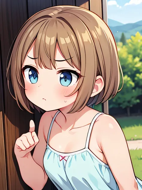 Masterpiece,ultra detailed,best quality,anime, Girl, light brown hair, very short hair, boyish,(((puffy face, Puffy cheeks, sullen look)) ), dissatisfied ,camisole, small breasts, short,, outdoors,