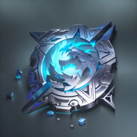 Close up of a metal and blue dragon emblem on a grey background,Broken pieces,Game Icon Assets, 3D Rendering, Object Art, Stylized game icons, Leviathan Cross,Stylized art,3d icons for mobile games，Diablo concept style，