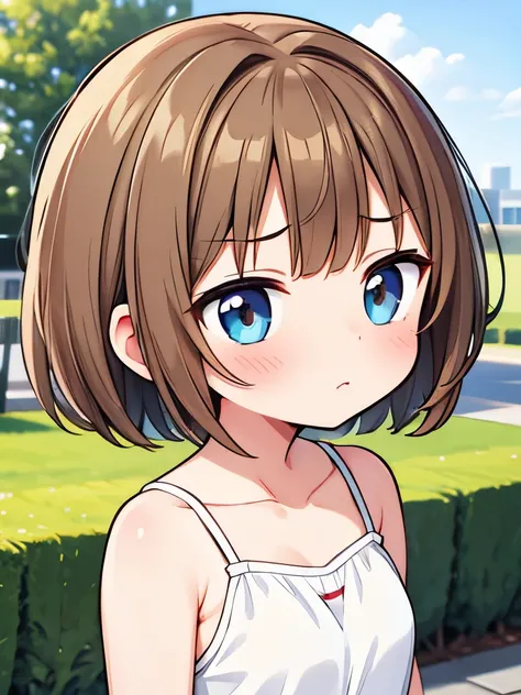 Masterpiece,ultra detailed,best quality,anime, Girl, light brown hair, very short hair, boyish,(((puffy face, Puffy cheeks, sullen look)) ), dissatisfied ,camisole, small breasts, short,, outdoors,