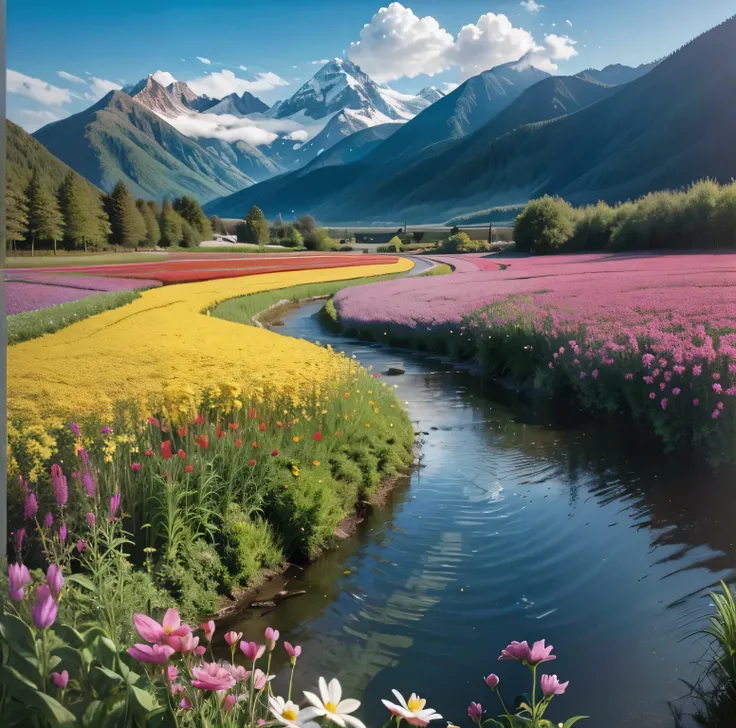 Create an image of a sunny morning in a flower field, The sky is blue，The clouds are ethereal. Including the mountains in the background