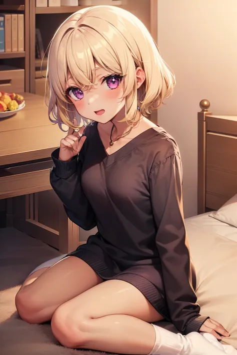 (tabletop, highest quality, super detailed), one girl, purple eyes, blonde hair, dark skin, short hair、perm hair、((long loose so...