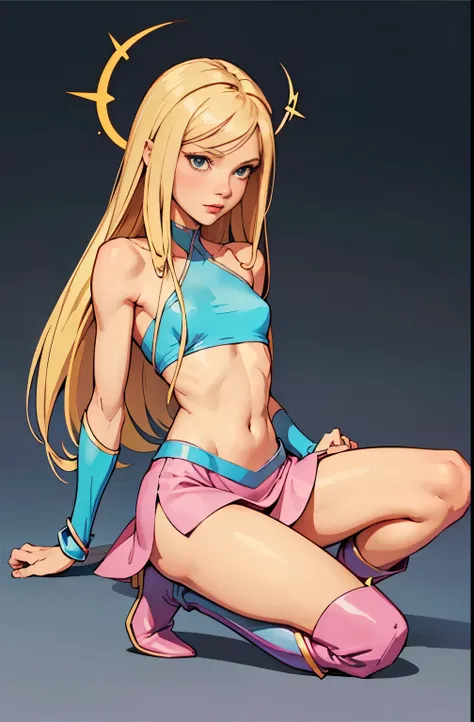 girl, portrait, small breasts, slim, long blonde hair, winx club, stella, stella winx club Warm, soft or colored lips, plunging neck top, short skirt, heeled boots, simple bottom, flat colors, perfect hands, perfect anatomy ,