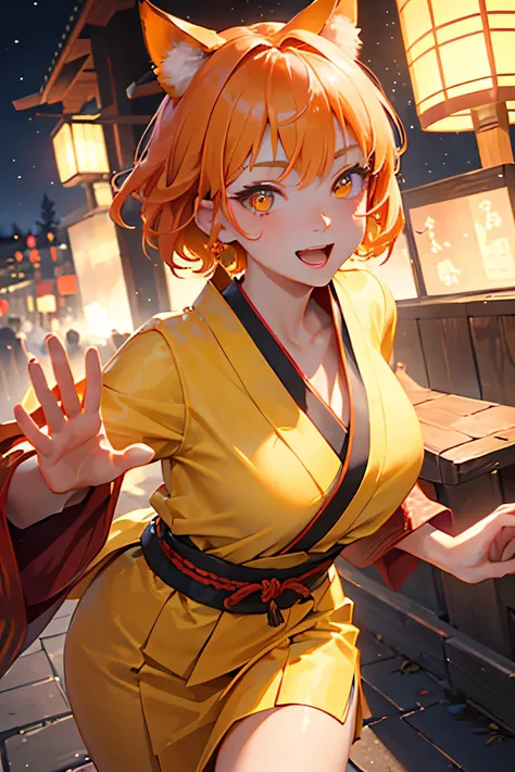 masterpiece, Highest quality, so beautiful、Latest、Orange Hair, short hair, (Glowing yellow eyes)、Adult woman wearing Japanese festival costume、Face close-up、bullish expression、(Energetic)