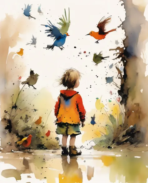 quentin blake style photo 、children and birds、portraiture、high resolution、muddy、highest quality、masterpiece、very detailed