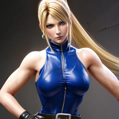 Sarah, blue eyes, very long hair, (shiny skin:0.6), blonde hair, high ponytail, floating hair, bodysuit, Shoulders exposed, (arms exposed:1.2), ((medium breasts:1.3)), (make up:1.3), (extra textures:1.4), (pushed up breasts:0.4), (curvy figure:0.3), (wide ...