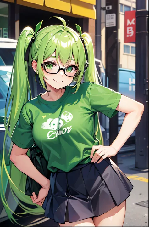 Girl, twintail hair, green hair, green eyes, glasses, cute girl, smile, t-shirt, mini skirt, Vans shoes, city