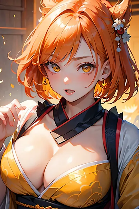 masterpiece, Highest quality, so beautiful、up to date、Orange Hair, short hair, (Yellow Eyes)、Adult woman wearing Japanese festival costume、Face close-up、bullish expression、(Very energetic)