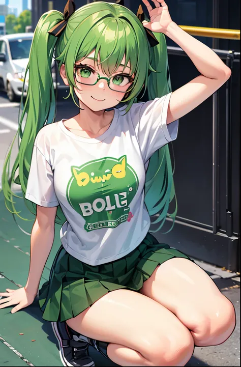 Girl, twintail hair, green hair, green eyes, glasses, cute girl, smile, t-shirt, mini skirt, Vans shoes, city