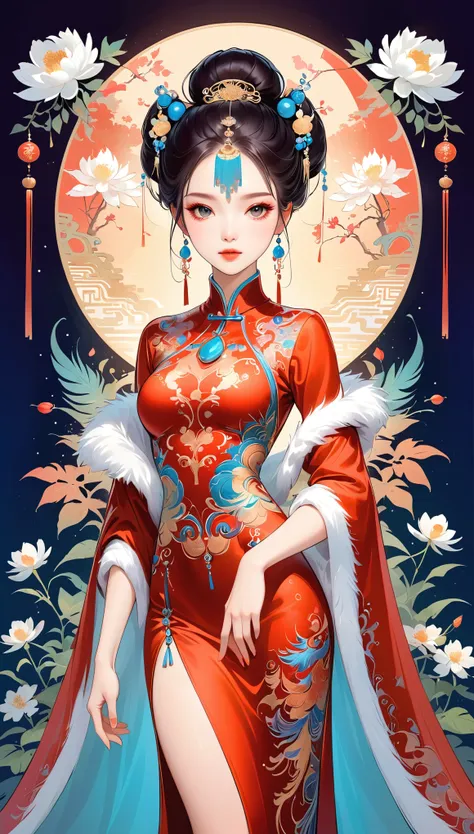 chinese cheongsam sexy,illustration,high-end fashion,beautiful and delicate eyes,beautiful and delicate lips,long eyelashes,exqu...