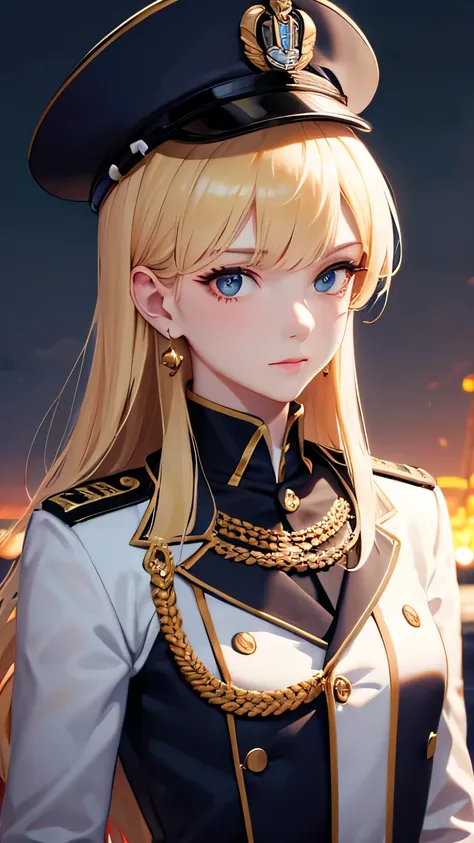 Royal Navy, Horatio Nelson, Admiral, on board, warship, clear skies, aboard a warship at sea, commander, naval uniform, blonde hair, hair bun, beautiful lady, raised eyebrows, upturned eyes, earrings, cinematic lighting, pov, ((masterpiece)), (super detail...