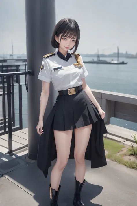 One girl、short hair（淡いblack）、Navy uniform（white）、Epaulettes（white、black、gold）、belt、mini skirt（black）、Buckled short boots（black）、Are standing、Up to the knees、Military port、Dock、Three submarines anchored in the background（Great、Hakugei、Humanity）
