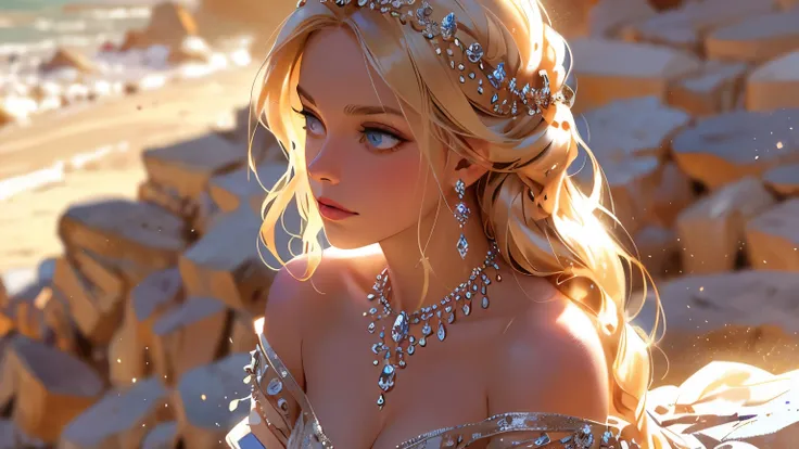 a stunning blonde princess adorned in glittering jewels, captured in a cinematic style reminiscent of julia razumova's ethereal ...