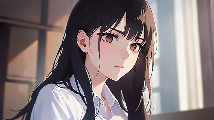 (looking away:1.5), side angle,Realistic, real person, (pale skin: 1.2), RAW photo, photorealistic, portrait photography, shiny skin, shiny hair、 (A 25-year-old woman with bangs) and (wavy hair) and (brown hair) and (Orange Eyes) , (business suit:1.5)and (...