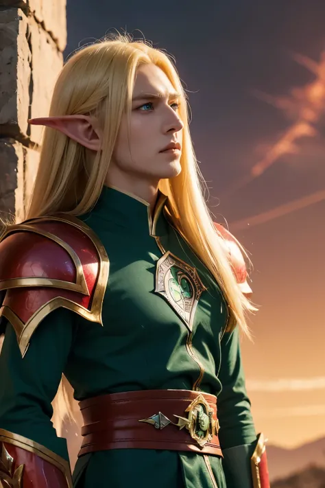 World of Warcraft世界,World of Warcraft,Blood elves,Male Mage,Green eyes，Blonde long hair，Elf pointed ears，Blood red exquisite armor，Strong build，Look up to the sky，Kael&#39;thas,Background of red flame world,Green fireballs around，Deep eyes