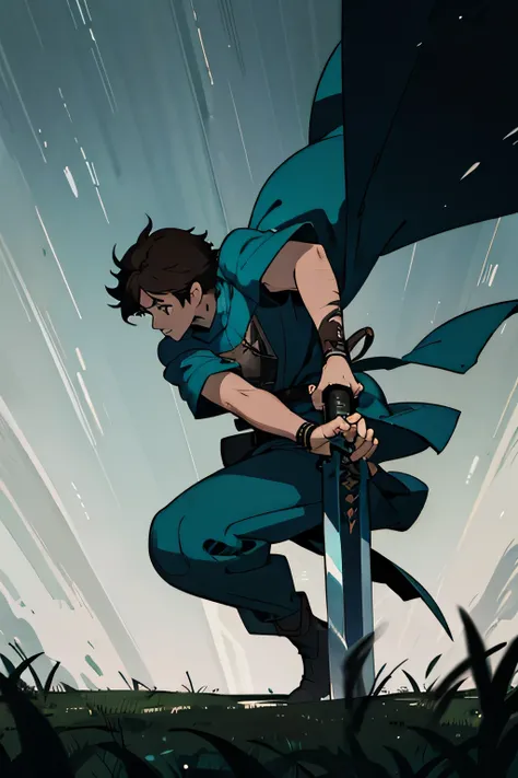 Male, Adult, Brown Hair, Knight, Fluffy Hair, Teal Eyes, Dynamic Pose, Tense Emotion, Holding Sword, close up, downwards view, front view, fields background, raining, wet skin, dynamic lighting, fighting, scarred skin, dark