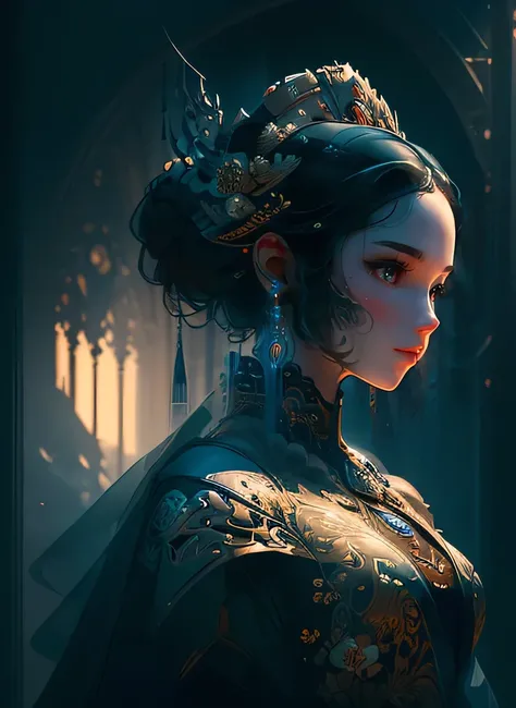 A captivating image emerges, featuring a regal and powerful woman adorned in intricate skull-themed armor. Her detailed facial features exude an air of sophistication and confidence, while her elaborate pose conveys an aura of supreme elegance. This fantas...