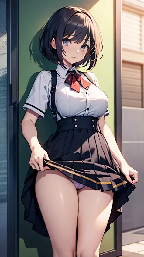 Very detailed CG Unity 8K wallpaper),(masterpiece), (Highest quality), (Very detailed), (Best illustrations),(Best Shadow), Dynamism,16 years old,Purple eyes and purple very short hair,Large Breasts　mini skirt　Bold skirt lift（Show me your underwear）　Maid c...