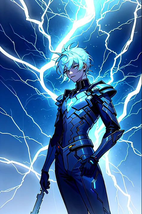 A 15-year-old teenage boy with an albino skin tone. He is an engineer and artificer, without facial or body hair. His hair is short and straight, colored white. The boy is wearing a futuristic cyberpunk in black and blue, futuristic style clothes, adorned ...