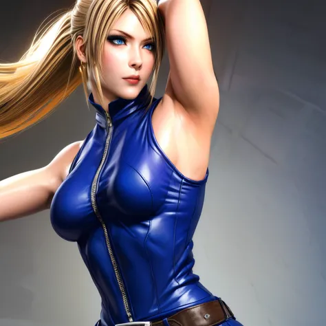 Sarah, blue eyes, very long hair, (shiny skin:0.6), blonde hair, high ponytail, floating hair, bodysuit, Shoulders exposed, (arms exposed:1.2), ((medium breasts:1.3)), (make up:1.3), (extra textures:1.4), (pushed up breasts:0.4), (curvy figure:0.3), (wide ...