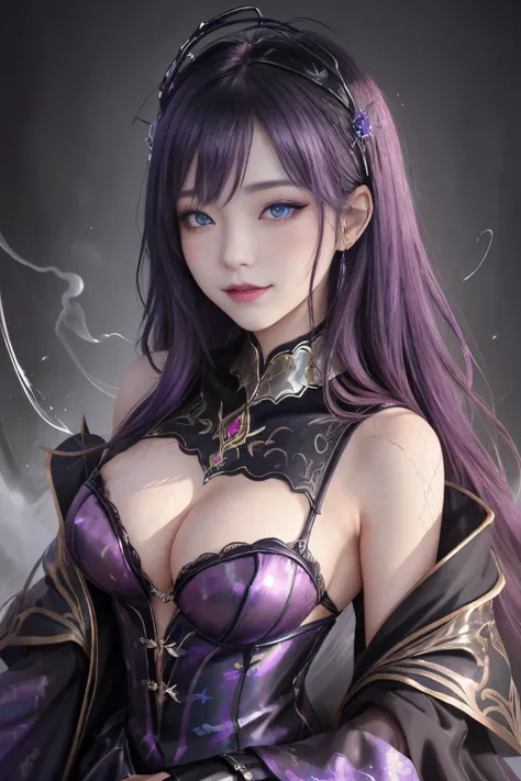 強力なスーパーevil女がクローズアップでポーズをとる, Black Goddess (Bare shoulders), length, Flowing purple hair, View your viewers, Highly detailed face, Perfect hands, Blue smoke swirling around her, evil事を愛する, Captivating blue eyes, Dark fantasy,  ， realistic girl rendering, 8...