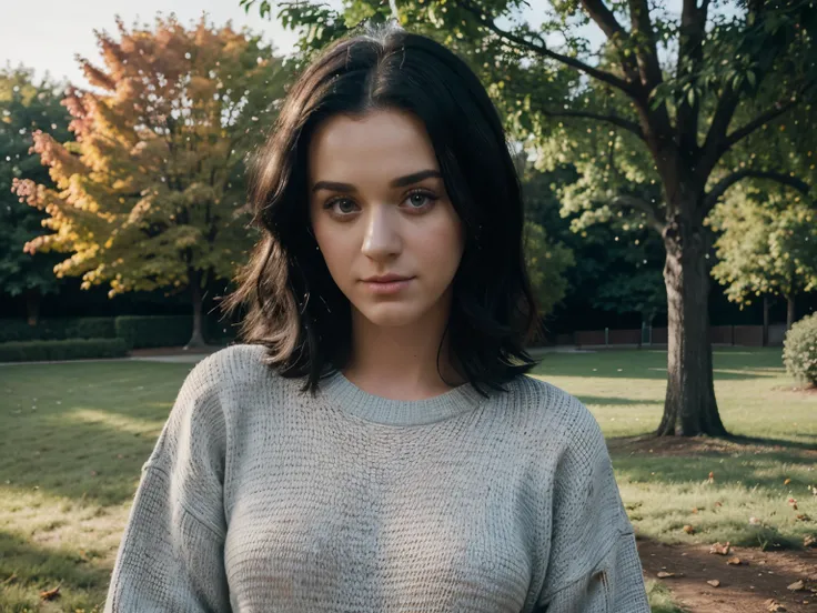 katy perry wearing sweater, portrait, beautiful face, pretty eyes, outside, portrait, park, trees, teeth, eyes open, ward winning photo, best quality, upper body, JenniferConnelly, nikon d850 film stock photograph 4 kodak 400 camera f1.6 lens rich colors h...