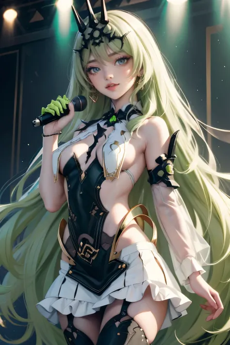 Mobius_(honkai impact 3rd), ornament hair, crown, white camelias, perfectly body, perfectly hands, wave hair, green hair, long hair, green eyes, black dress, more details on her clothes, black dress with gold details, night, ornament hair, long hair, 1 gir...