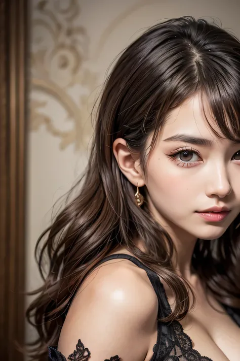 ((1 Ultimate beauty))、mature、Beautiful Face、Brown eyes、Detailed lips, Beautiful eyes in every detail, double eyelid, Long eyelashes、(Huge breasts), (curve), Lips parted, Beautiful teeth alignment, blush, Captivating Gaze、Captivating smile, (brunette hair u...