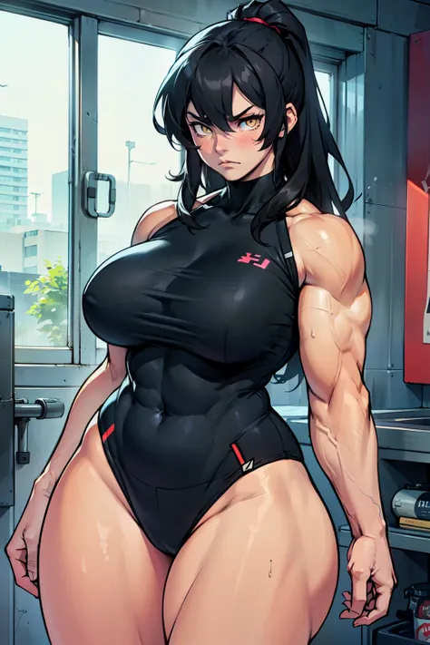 muscular girl busty girl curvy girl thick thick thick black hair yellow eyes pale skin sad frown expressionless