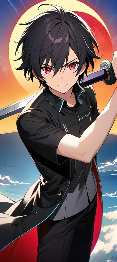 Keqing (AKB0048 Next Stage), (short hair), (black hair), (ruby red eyes):1.2, (male), (swordsman), (black plain shirt), (pants), (long coat), (smiling gently), ((ultra-detailed)), ((illustration)), ((neat hair)), (beautiful detailed eyes), (male), (1man), ...