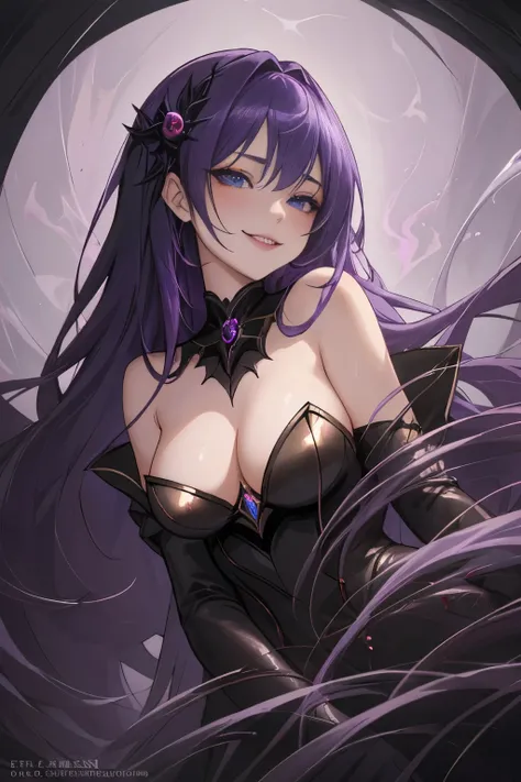 強力なスーパーevil女がクローズアップでポーズをとる, Black Goddess (Bare shoulders), length, Flowing purple hair, View your viewers, Highly detailed face, Perfect hands, Blue smoke swirling around her, evil事を愛する, Captivating blue eyes, Dark fantasy,  ， realistic girl rendering, 8...