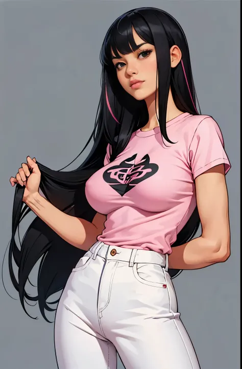 girl, portrait, big breasts, slim, long black hair with pink streak, bangs, juniper lee, hot, soft or colored lips, asian, short shirt, loose jeans, teenager, simple background, flat colors, perfect hands, anatomy perfect,

