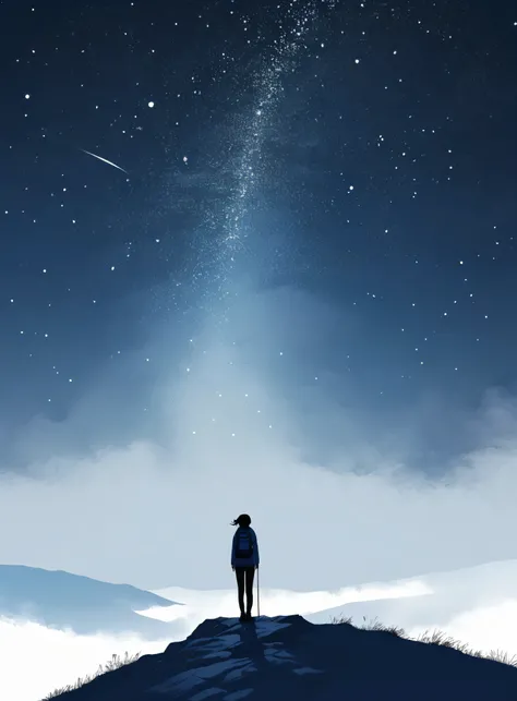 Minimalist Journey, Mountaineering, solitary, 1 girl looking up at the stars, Minimalism, On the Hill, illustration.