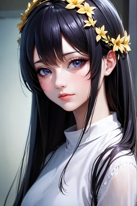 Anime girl with long black hair wearing a white shirt and a flower crown, Beautiful anime portraits, Stunning Anime Face Portraits, Beautiful Anime Girls, Cute realistic portrait, Detailed portrait of an anime girl, Anime Girl Portrait, Realistic Anime 3D ...