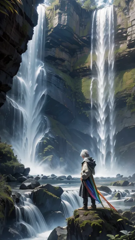 Wizard,Silver Hair,nature,One boy,rainbow,morning,waterfall,Highest quality