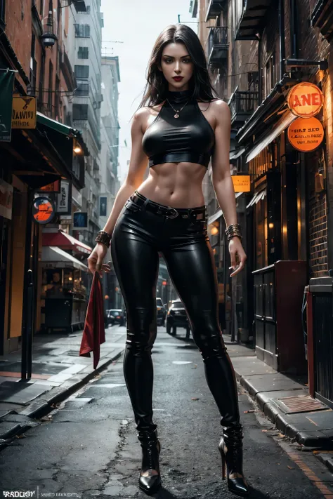 Full body shot a beautiful 25 years old British female vampire, long black hair, green eyes, red lips, muscular body, tight black sleeveless tank top with a deep neckline and black leather tight pants, mid-thigh black leather boots with bird heels view fro...